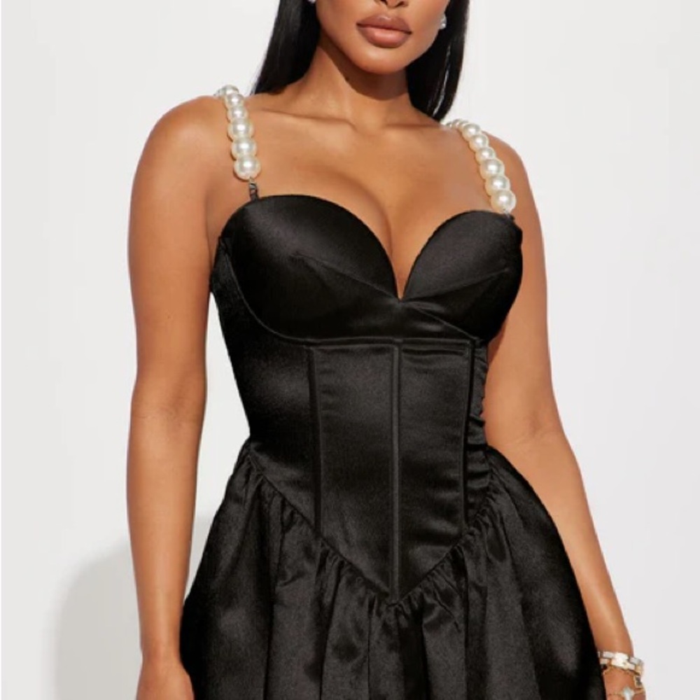 Elegant Black Satin Dress with Pearl Straps